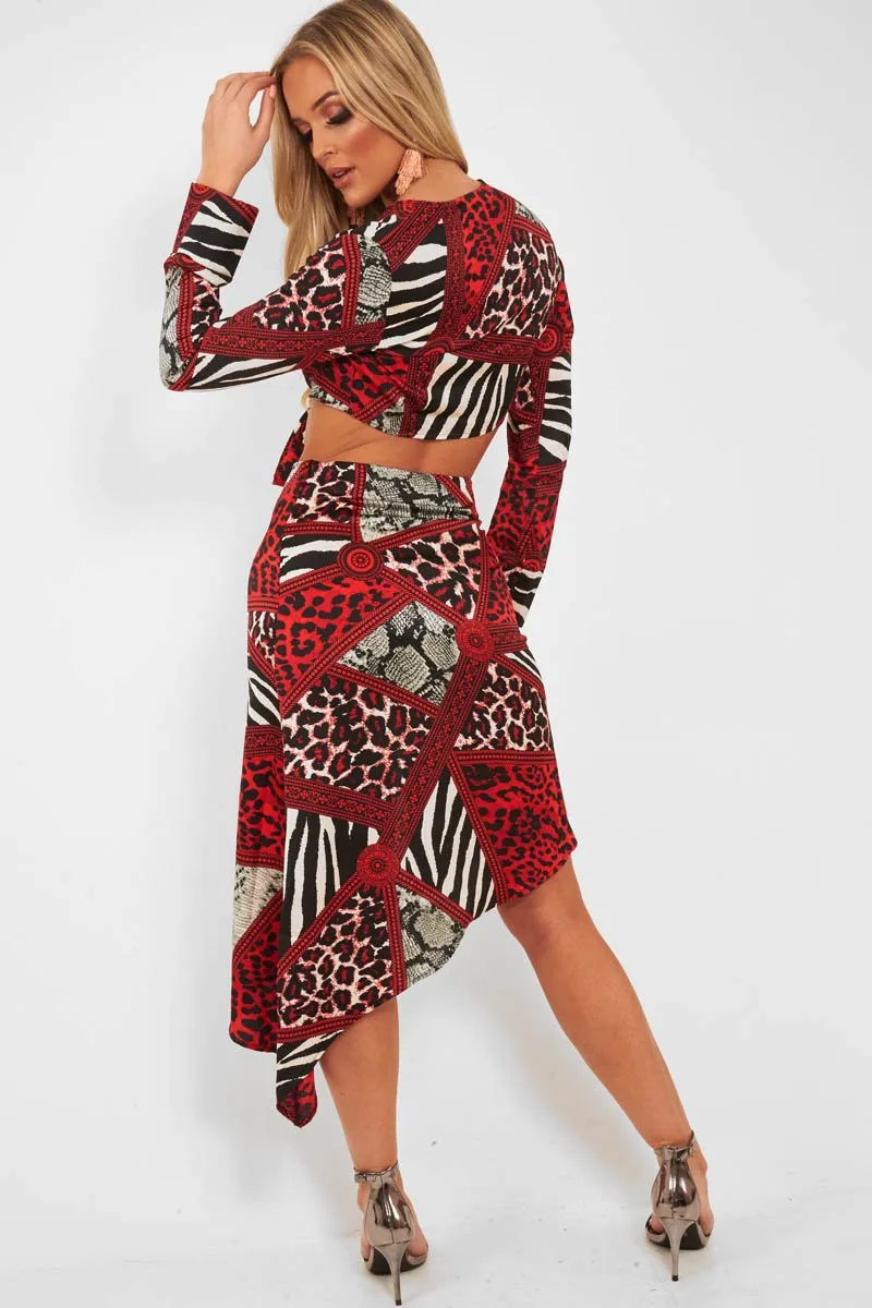 Red Leopard Mix Print Split Front Midi Skirt - Valera