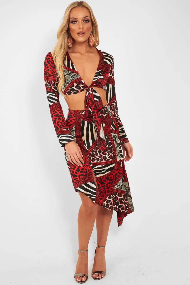 Red Leopard Mix Print Split Front Midi Skirt - Valera