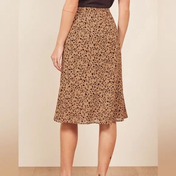 Reformation Mia Leopard Print Midi Skirt Tan Black Sz12 Animal Print