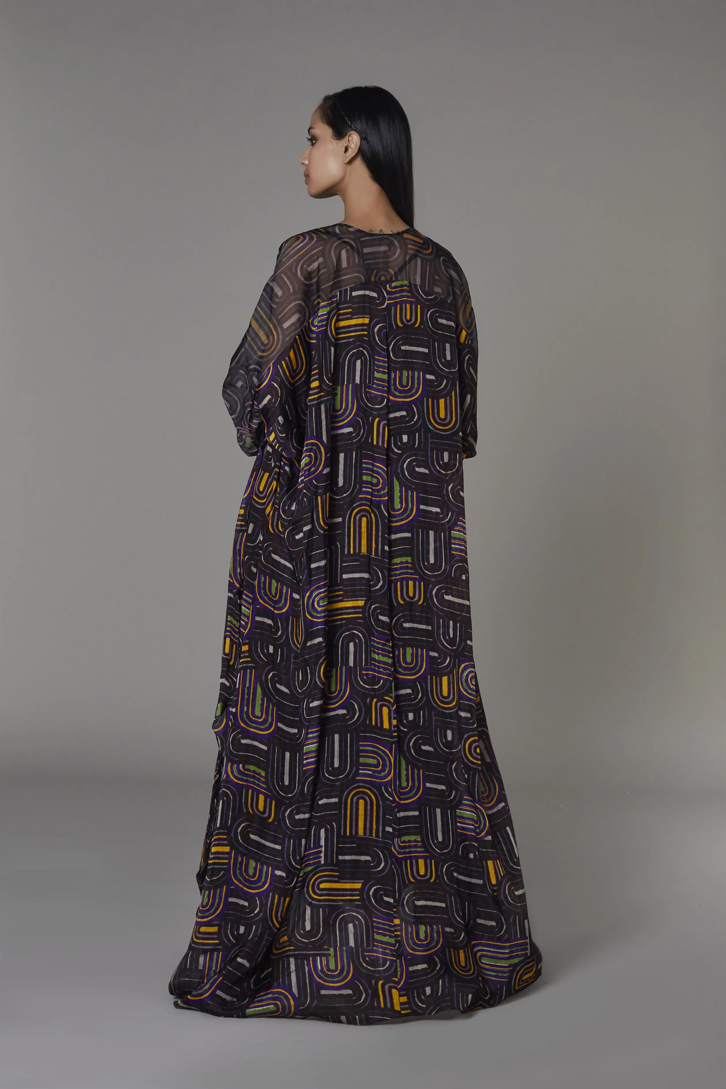 Saaksha & KinniÂ    I   Purple semi circle cape  Purple semi circle satin bustier  Purple semi circle pleated skirt Cape - Chiffon   Bustier - Satin  Skirt - Chiffon Purple SS22126    SS22093    SS22127