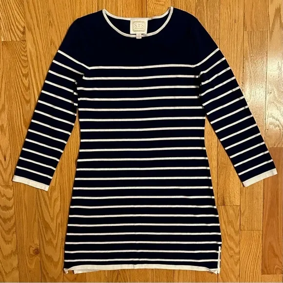 Sail to Sable Navy Blue &amp; White Striped Knit Shift Dress Sz M preppy long sleeve