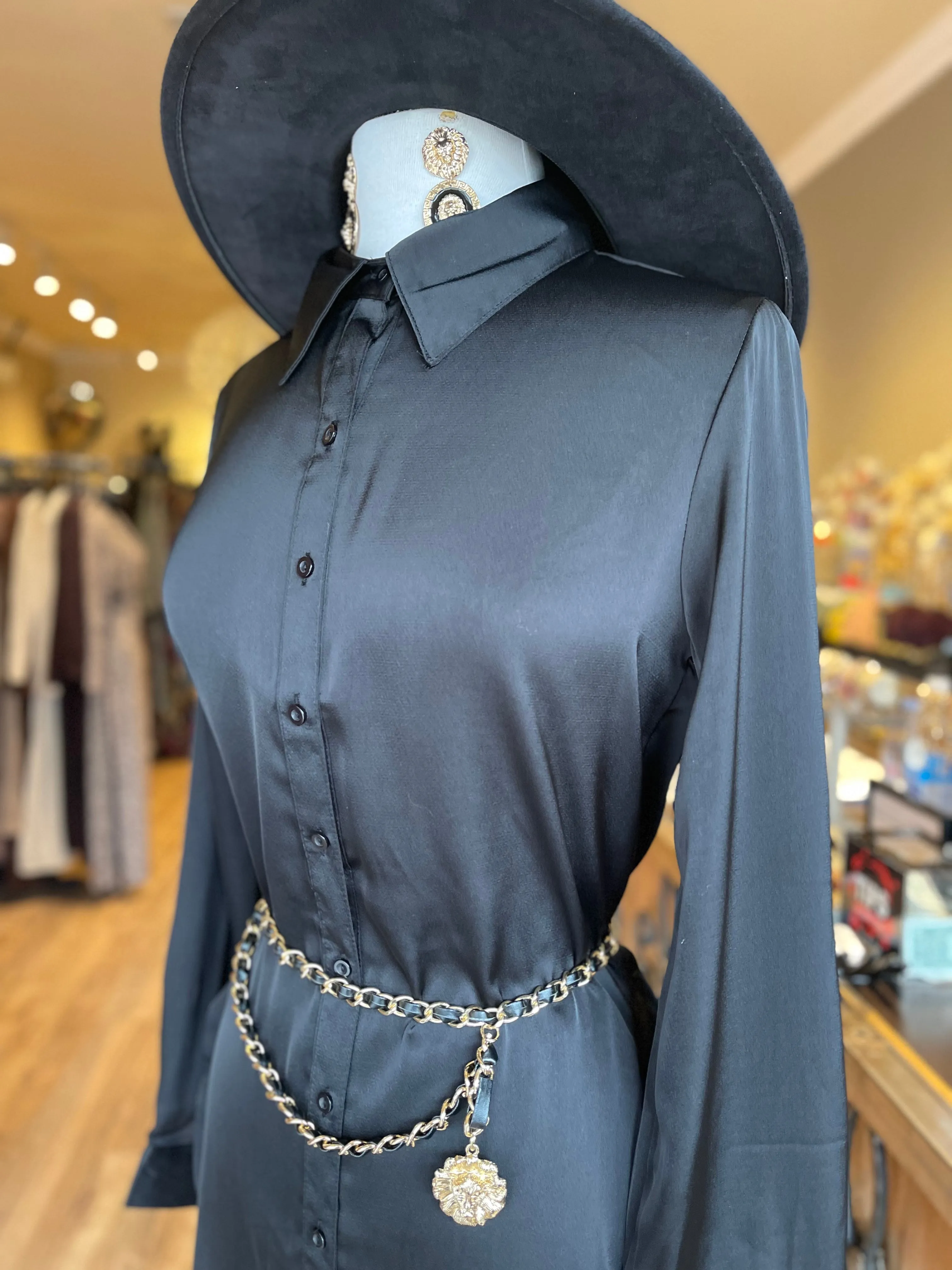 Satin Button Down Blouse W Slit