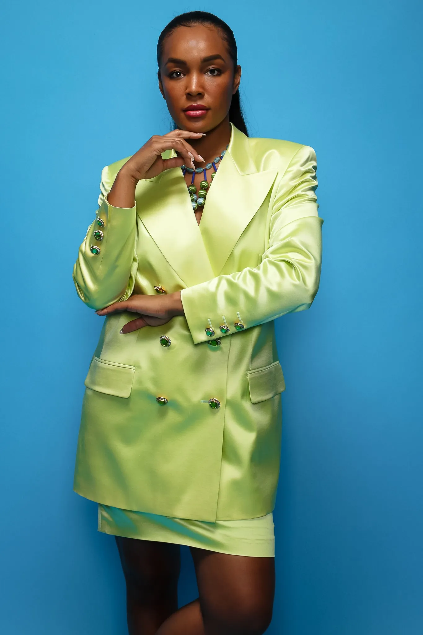 Satin Double Breasted Skirt Suit