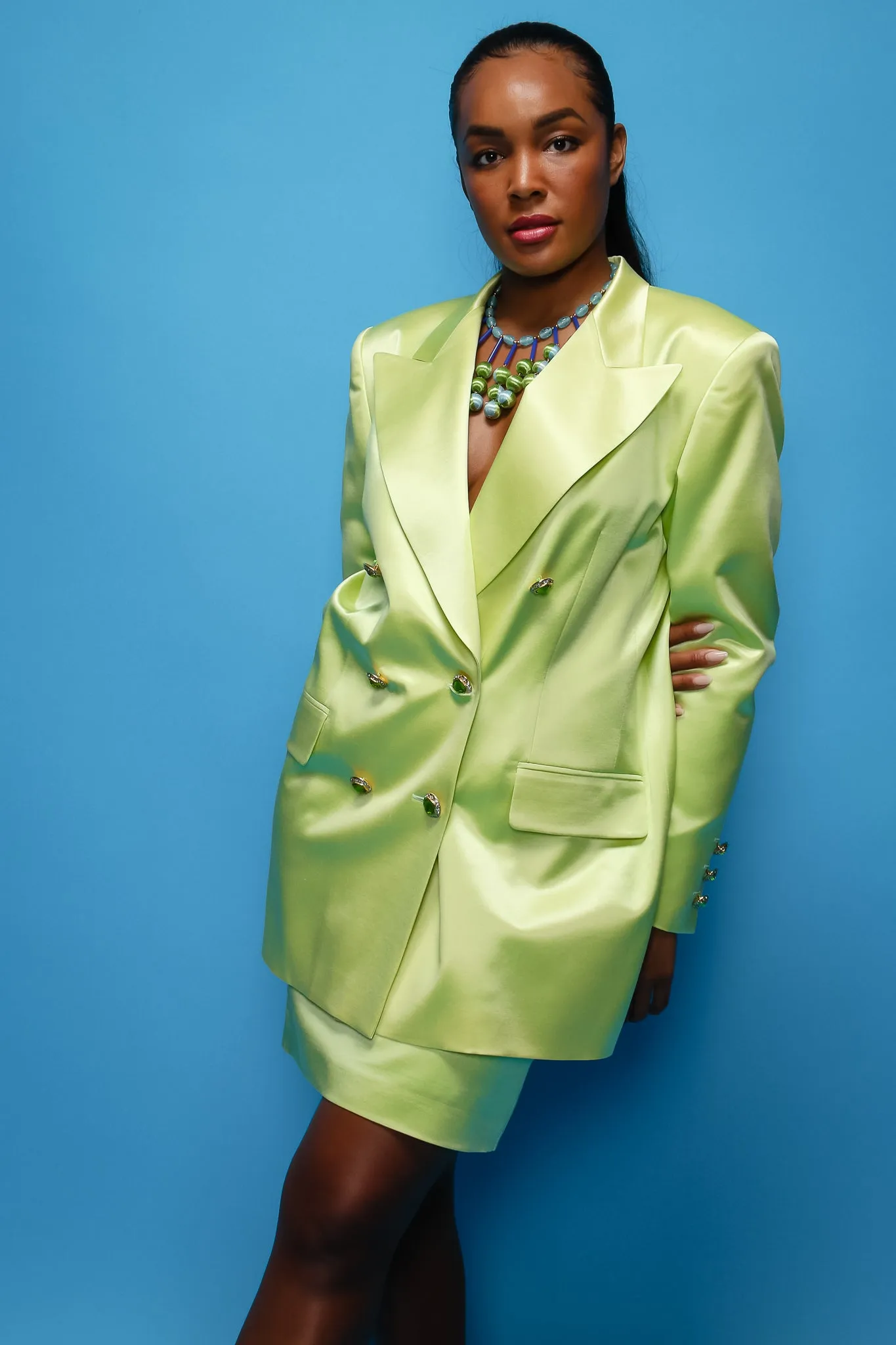 Satin Double Breasted Skirt Suit