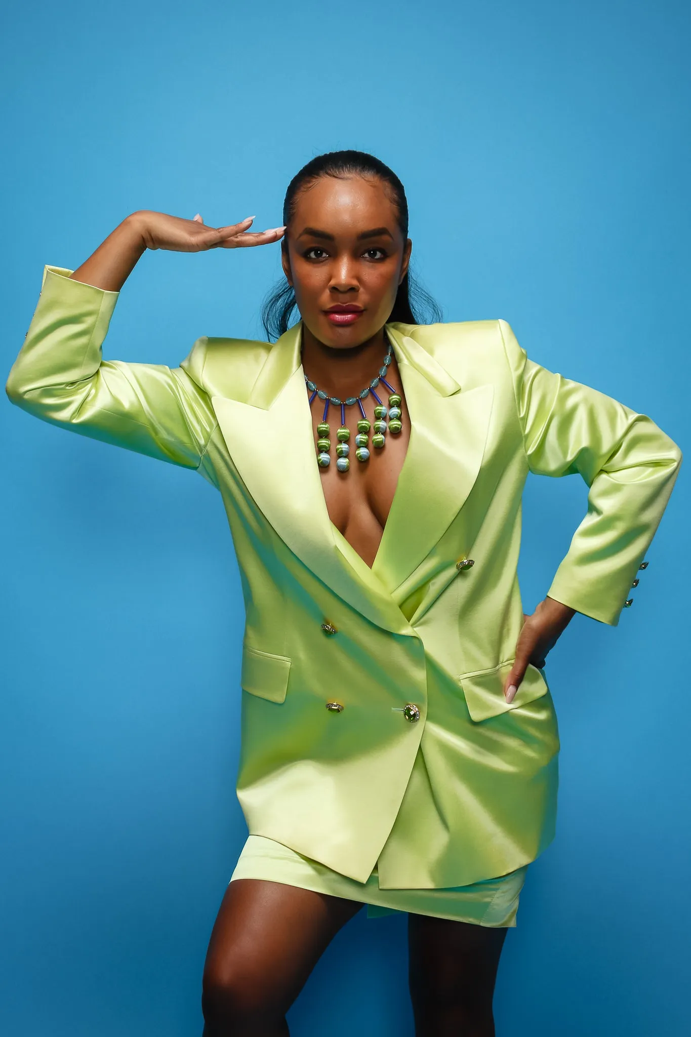 Satin Double Breasted Skirt Suit