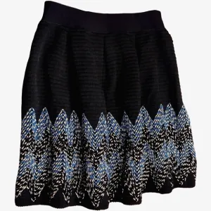 See U Soon, Flare Midi Knit Skirt, Size 6, Black w/ Blue &amp; Silver Embroidery