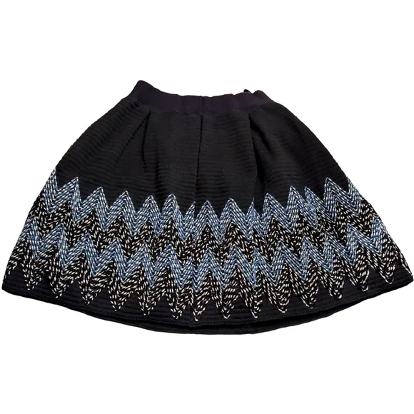 See U Soon, Flare Midi Knit Skirt, Size 6, Black w/ Blue &amp; Silver Embroidery