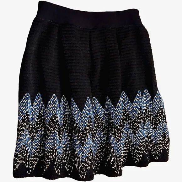 See U Soon, Flare Midi Knit Skirt, Size 6, Black w/ Blue &amp; Silver Embroidery