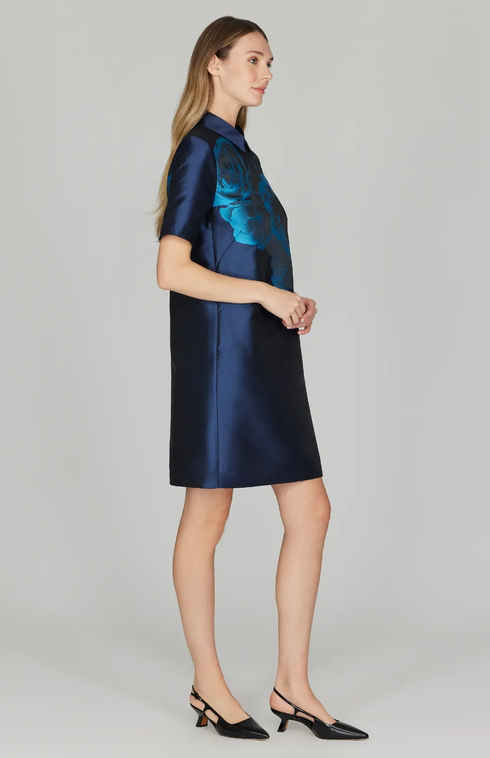 Shadow Rose Jacquard Short Sleeve Collared Shift Dress