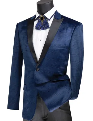 Slim Fit 2 Button Peak Lapel Glen Plaid Pattern Velvet Jacket (Navy) BS-14