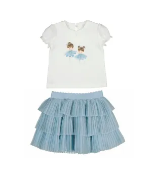 SS25 Mayoral - White T-Shirt with Ballerina Motif and Pleated Tulle Skirt