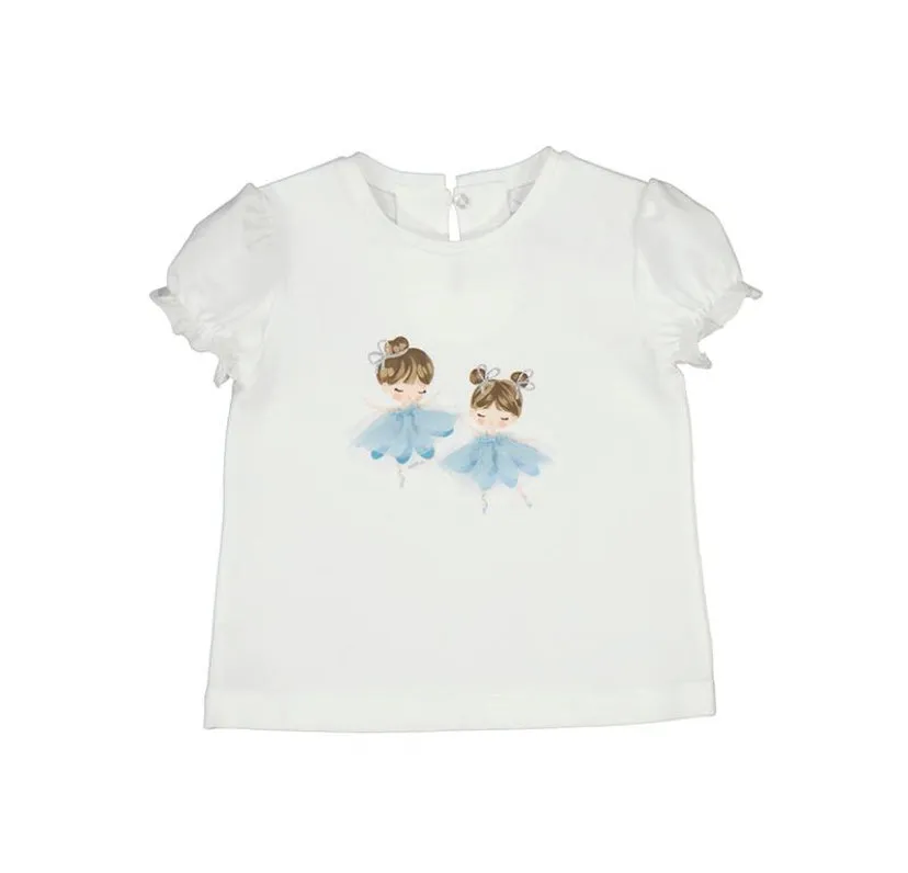 SS25 Mayoral - White T-Shirt with Ballerina Motif and Pleated Tulle Skirt