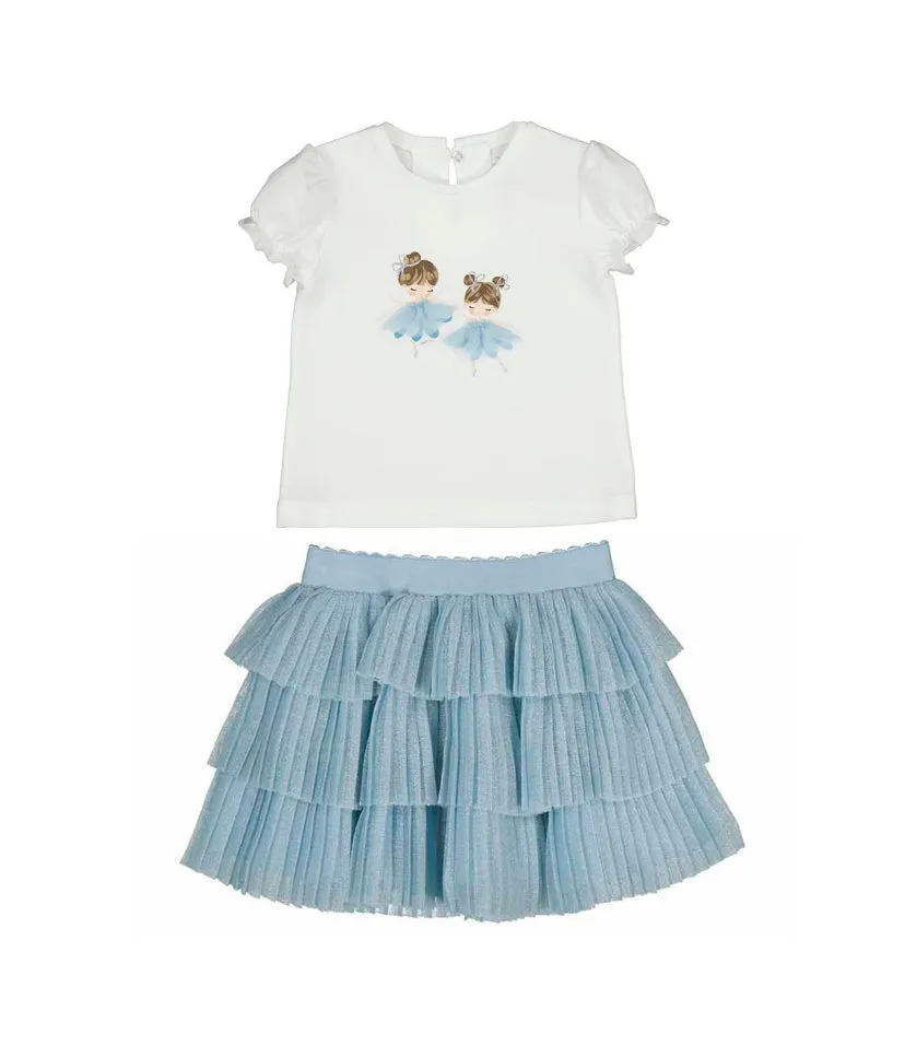 SS25 Mayoral - White T-Shirt with Ballerina Motif and Pleated Tulle Skirt