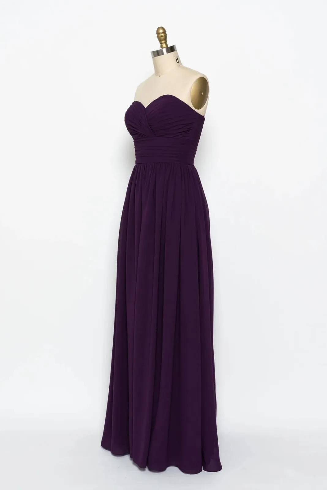 Strapless Sweetheart Ruched Long Purple Chiffon Bridesmaid Dress