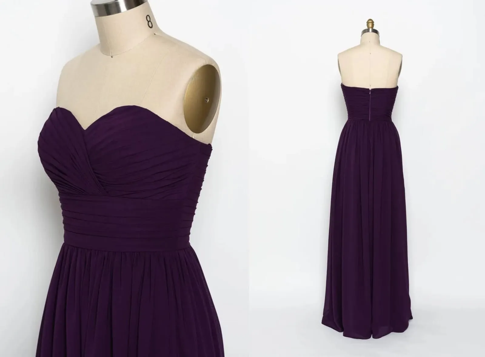 Strapless Sweetheart Ruched Long Purple Chiffon Bridesmaid Dress