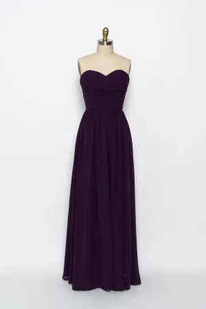 Strapless Sweetheart Ruched Long Purple Chiffon Bridesmaid Dress