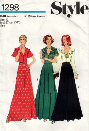 Style 1298 Womens Ruffled Top & Maxi Skirt 1970s Vintage Sewing Pattern Size 12 Bust 34 inches