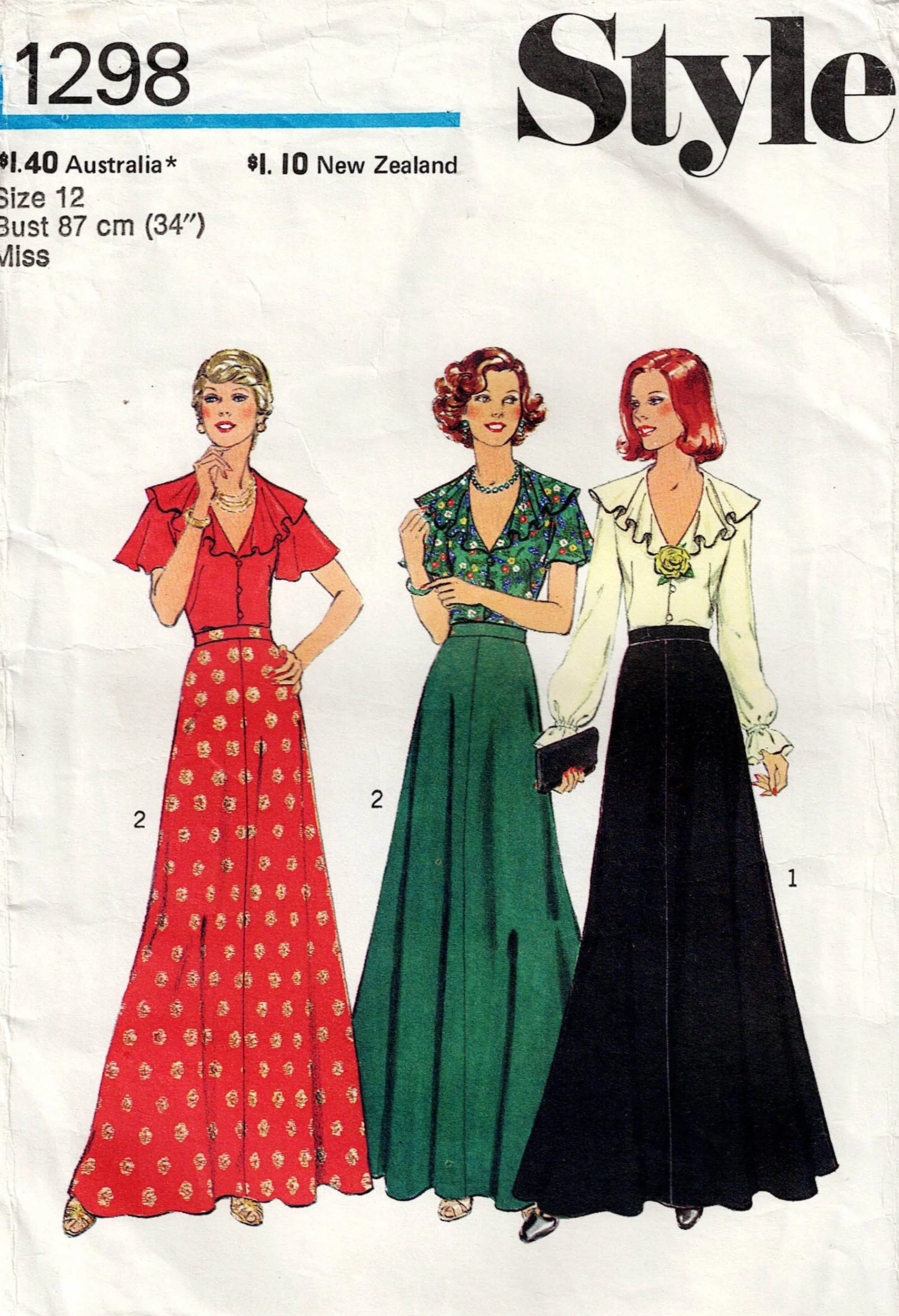 Style 1298 Womens Ruffled Top & Maxi Skirt 1970s Vintage Sewing Pattern Size 12 Bust 34 inches