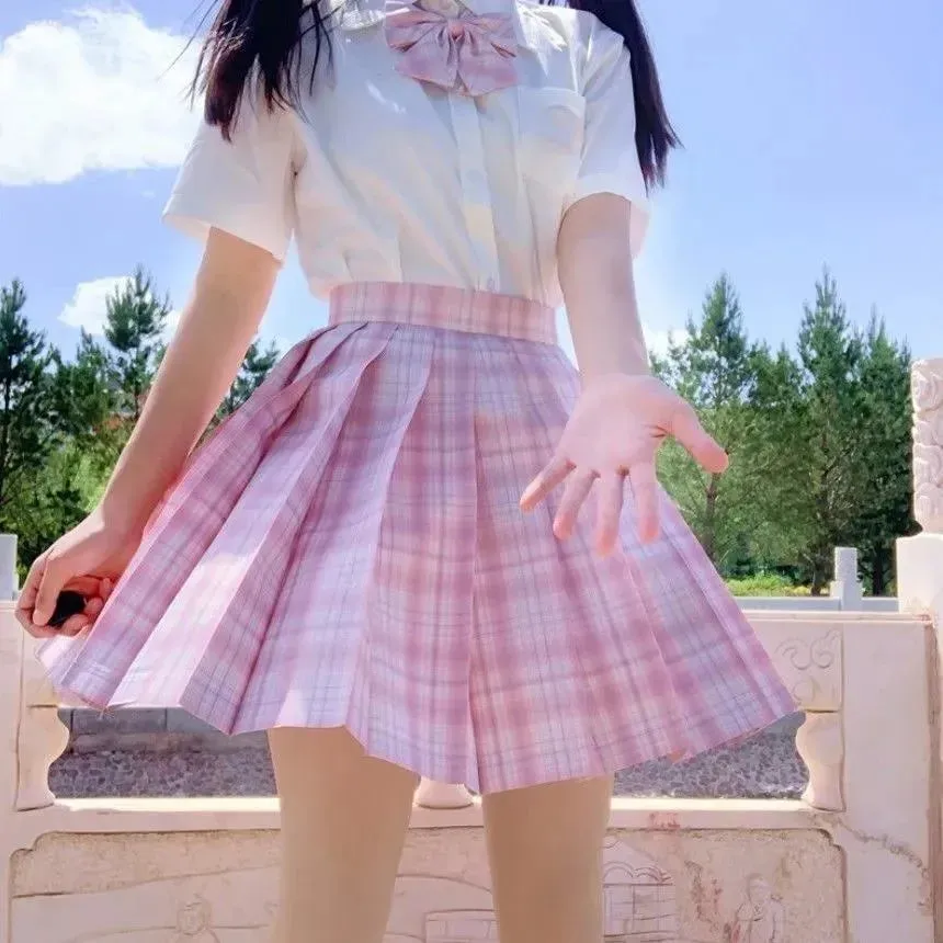Summer Women's Mini Skirt Harajuku Korean Fashion Sweet Cute Kawaii Skirt Girl High Waist Plaid Pleated Skirt Pink Girl