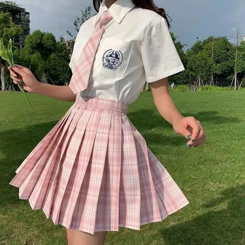 Summer Women's Mini Skirt Harajuku Korean Fashion Sweet Cute Kawaii Skirt Girl High Waist Plaid Pleated Skirt Pink Girl