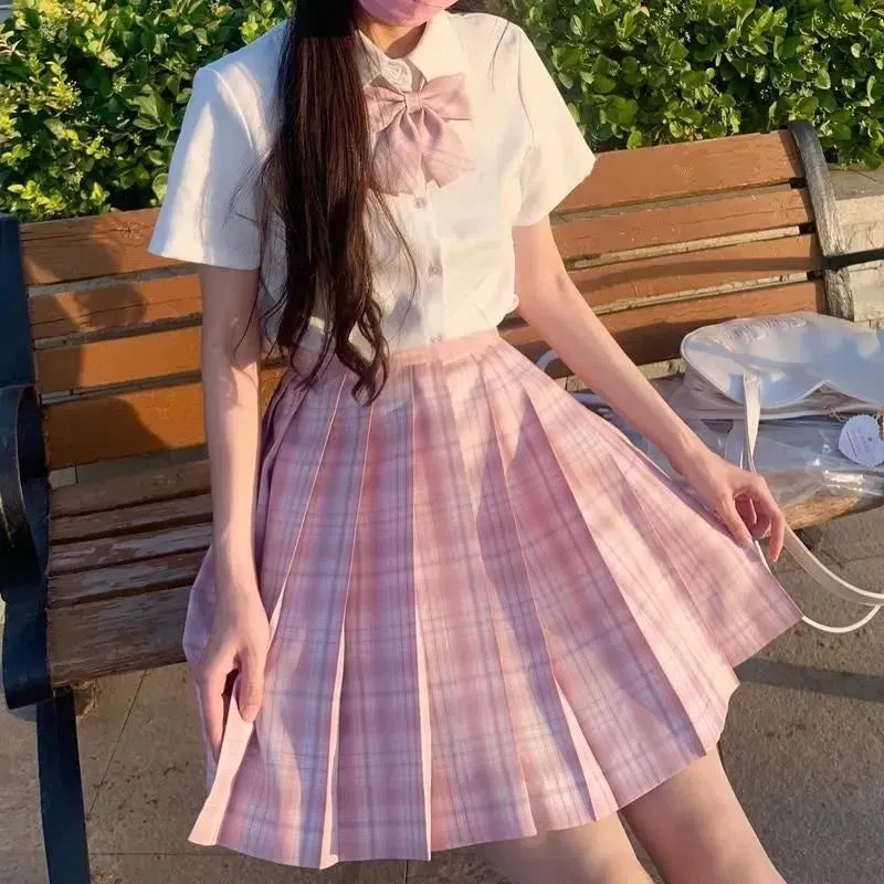 Summer Women's Mini Skirt Harajuku Korean Fashion Sweet Cute Kawaii Skirt Girl High Waist Plaid Pleated Skirt Pink Girl