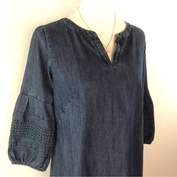 TALBOTS Blue Denim 100% Cotton 3/4 Sleeve Notch Neckline Shift Dress Size 10