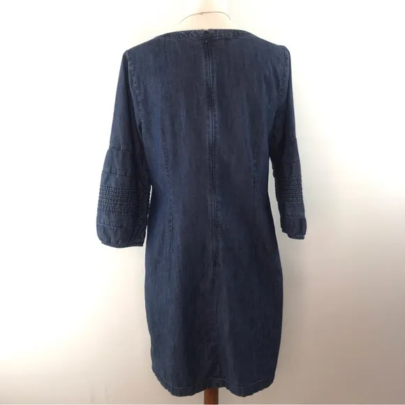 TALBOTS Blue Denim 100% Cotton 3/4 Sleeve Notch Neckline Shift Dress Size 10