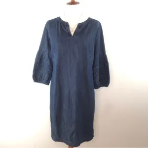 TALBOTS Blue Denim 100% Cotton 3/4 Sleeve Notch Neckline Shift Dress Size 10