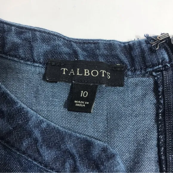 TALBOTS Blue Denim 100% Cotton 3/4 Sleeve Notch Neckline Shift Dress Size 10
