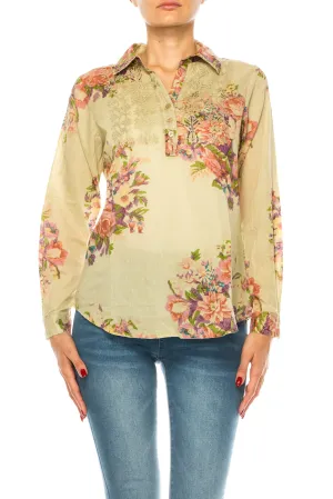 Taupe Vintage Collared Blouse with Embroidery