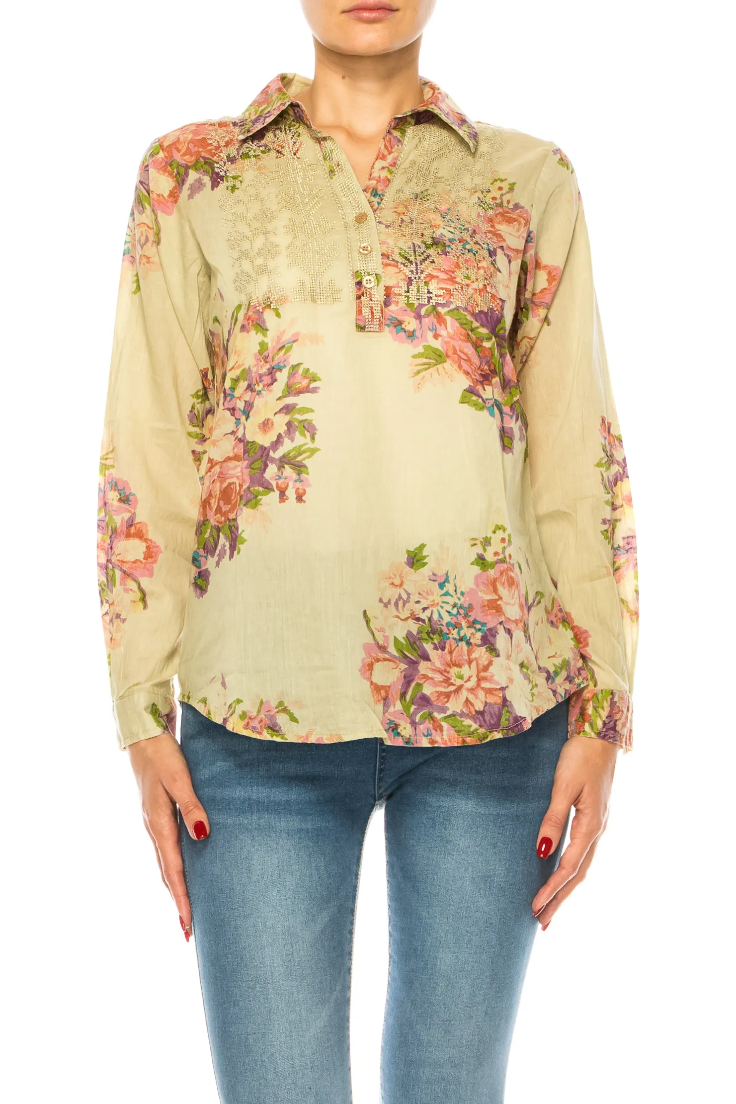Taupe Vintage Collared Blouse with Embroidery
