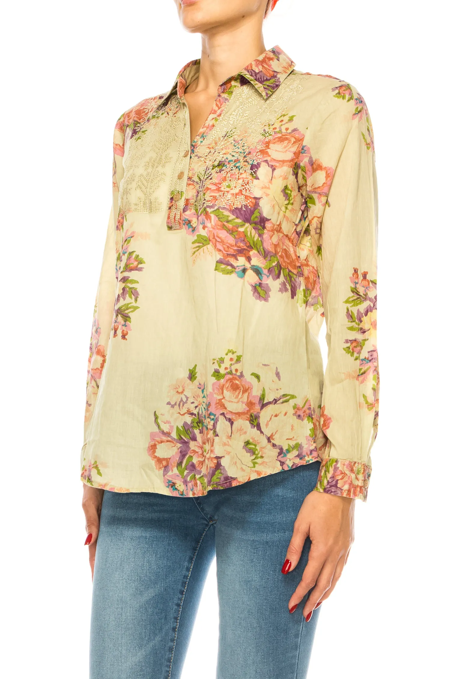 Taupe Vintage Collared Blouse with Embroidery