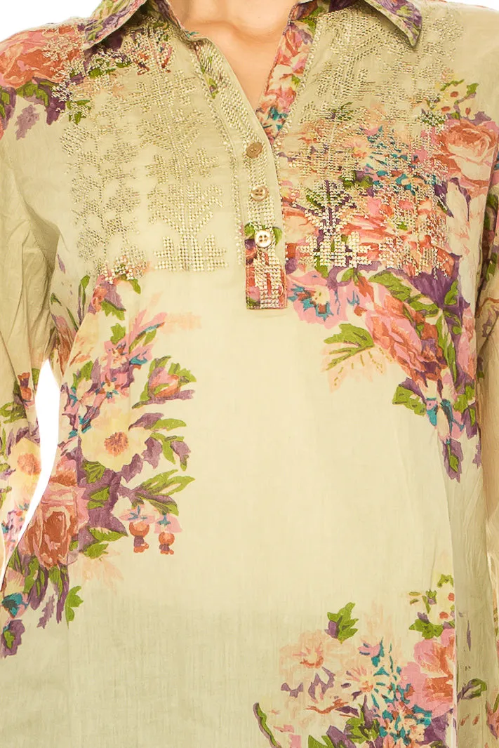Taupe Vintage Collared Blouse with Embroidery