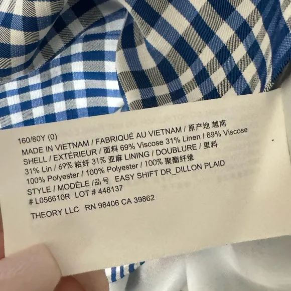 Theory Easy Checked Blue gingham Shift Dress Picnic Preppy