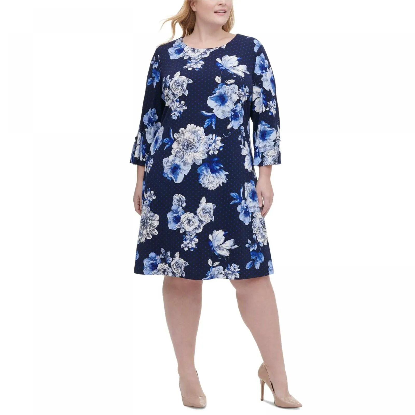 Tommy Hilfiger Plus Size Floral-Print Grommet-Sleeve Dress Sky Captain Blue 14W