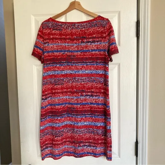 Tory Burch Pima Cotton Shift Dress in Red Blue Yarn Knit Print, Size M