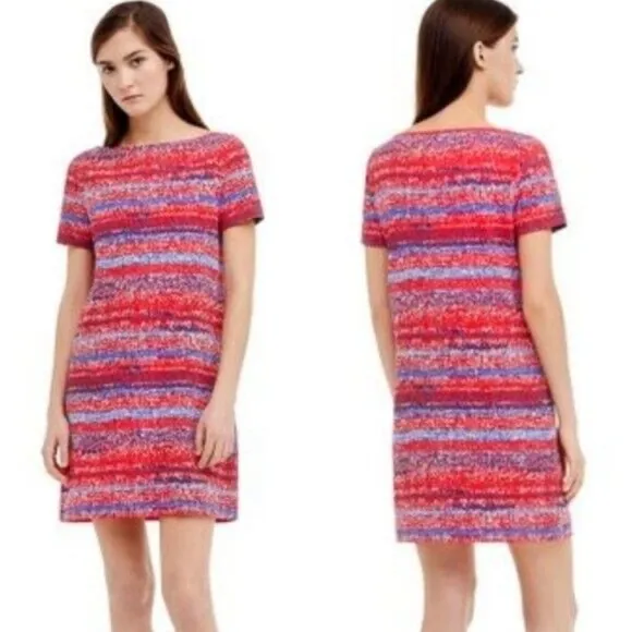 Tory Burch Pima Cotton Shift Dress in Red Blue Yarn Knit Print, Size M