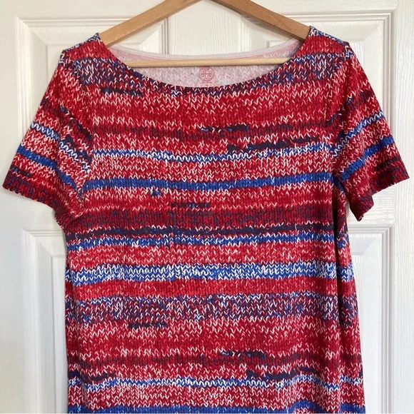Tory Burch Pima Cotton Shift Dress in Red Blue Yarn Knit Print, Size M