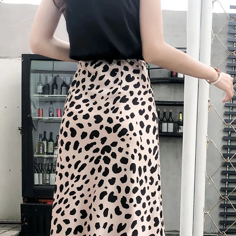 Trendy Boutique Simulation Silk Skirt Beautiful Leopard Print High Waist Midi Satin A-Line Skirt