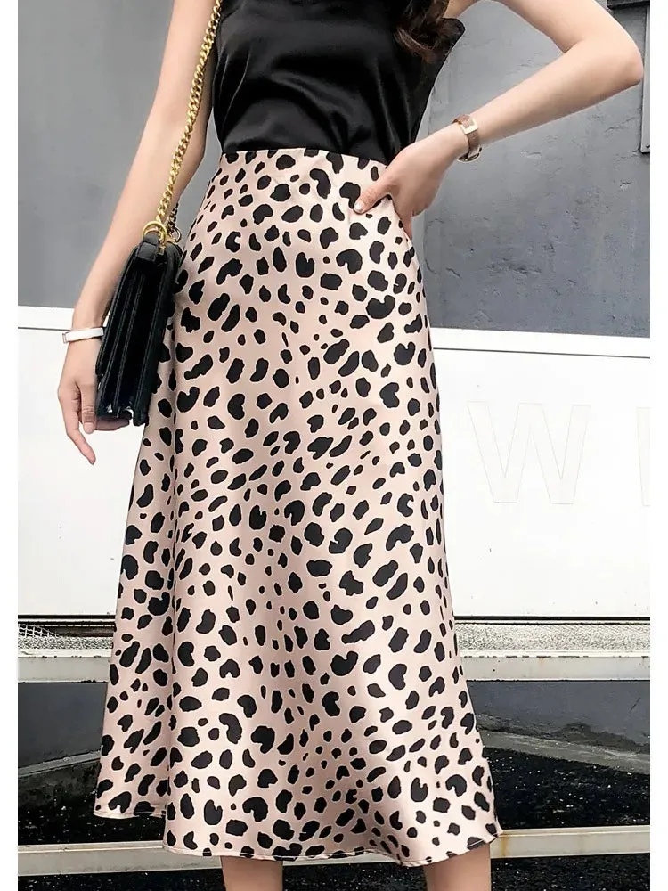 Trendy Boutique Simulation Silk Skirt Beautiful Leopard Print High Waist Midi Satin A-Line Skirt