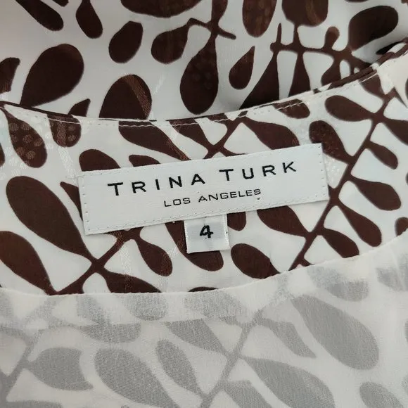 Trina Turk  Womens Leaf Print Square‎ Neck Shift Dress White Brown Size 4