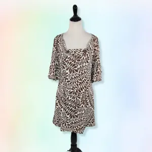 Trina Turk  Womens Leaf Print Square‎ Neck Shift Dress White Brown Size 4