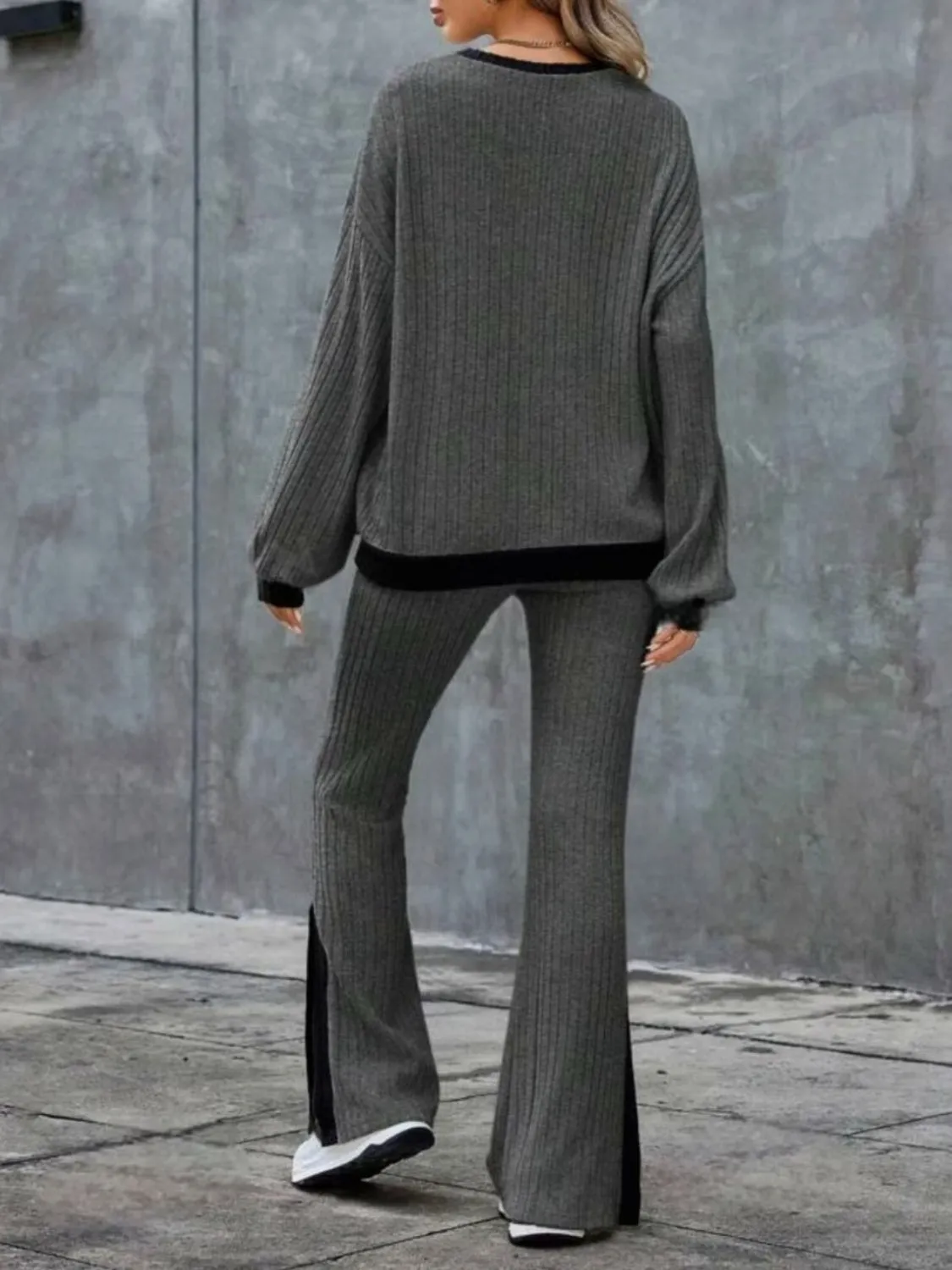 Trust Issues Contrast Round Neck Long Sleeve Top and Bootcut Pants Set