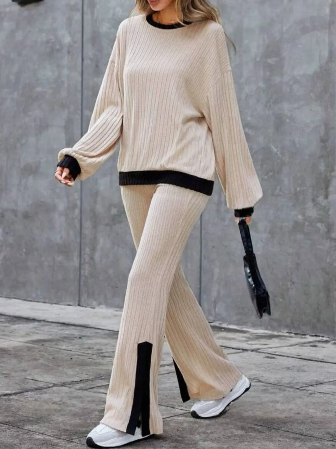 Trust Issues Contrast Round Neck Long Sleeve Top and Bootcut Pants Set