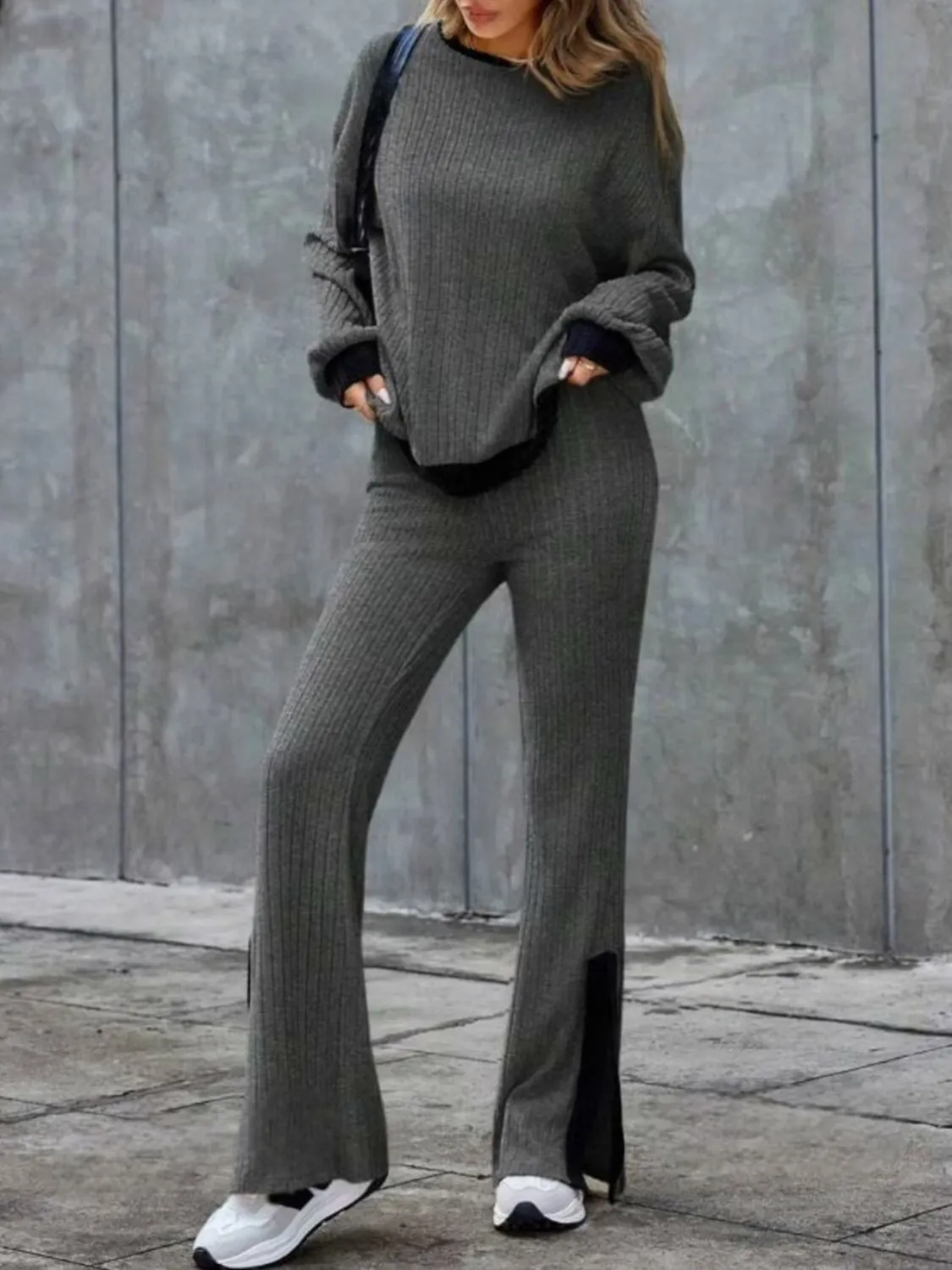 Trust Issues Contrast Round Neck Long Sleeve Top and Bootcut Pants Set