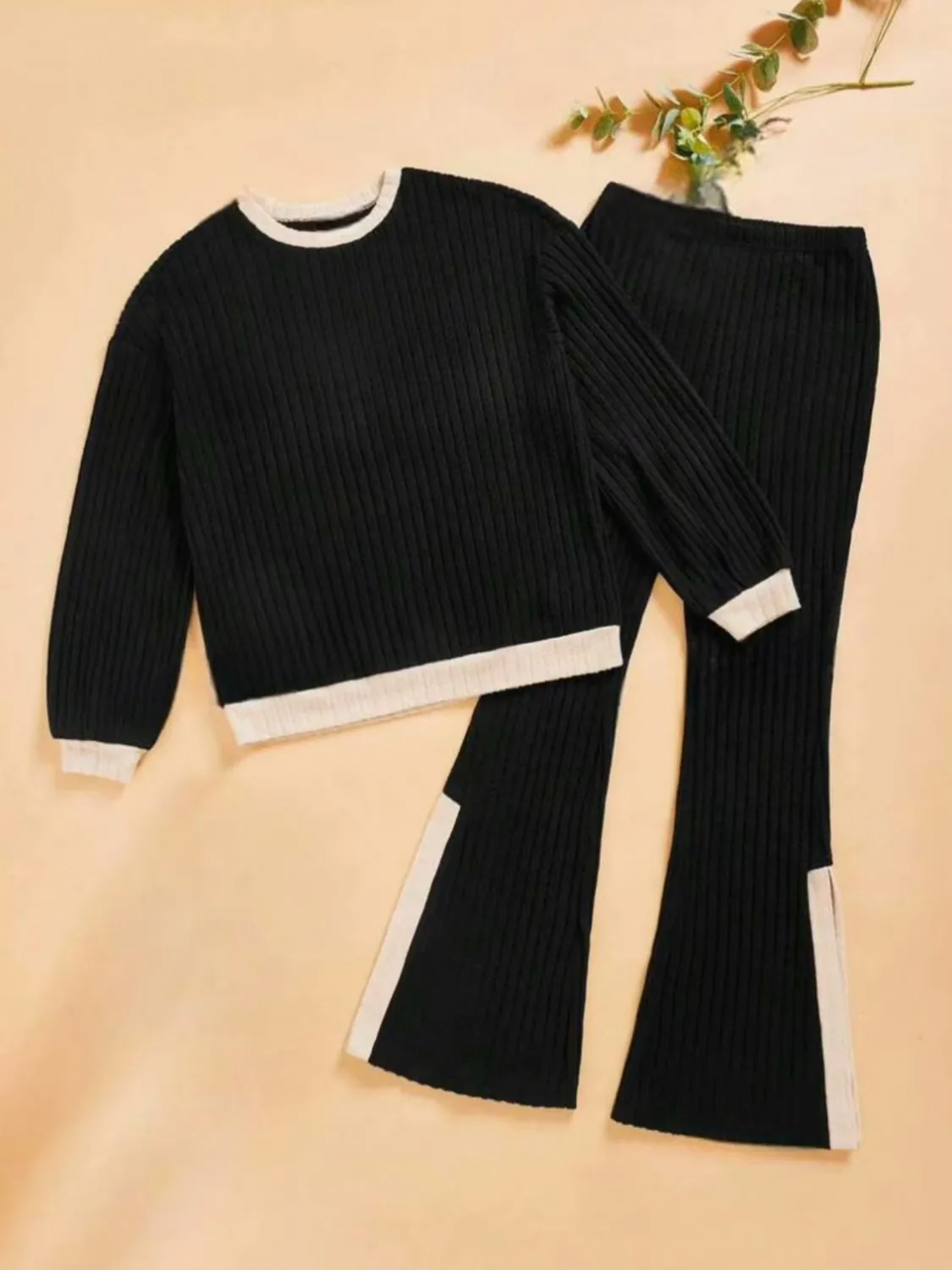 Trust Issues Contrast Round Neck Long Sleeve Top and Bootcut Pants Set