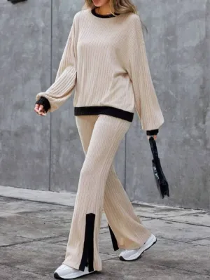 Trust Issues Contrast Round Neck Long Sleeve Top and Bootcut Pants Set