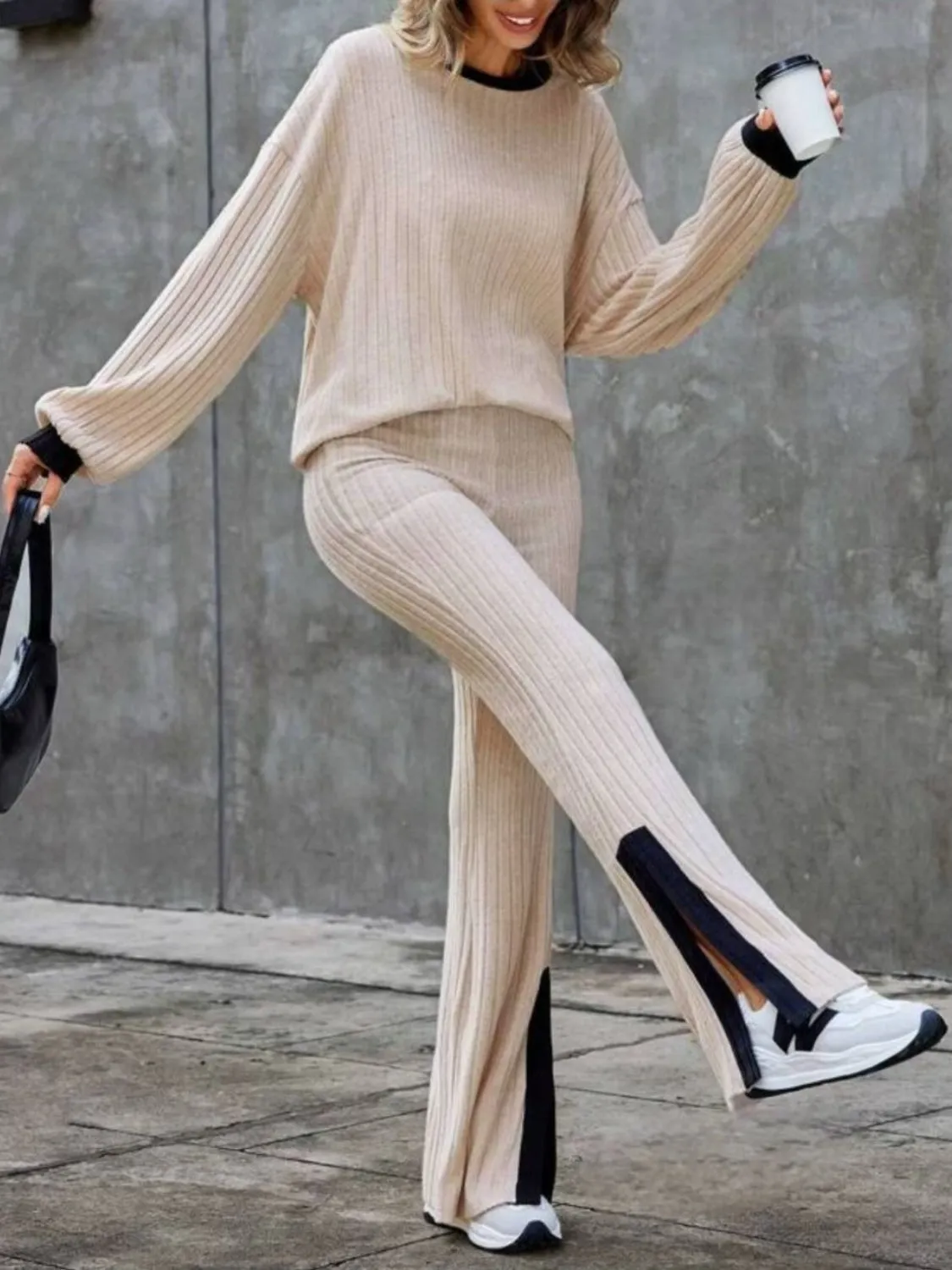 Trust Issues Contrast Round Neck Long Sleeve Top and Bootcut Pants Set