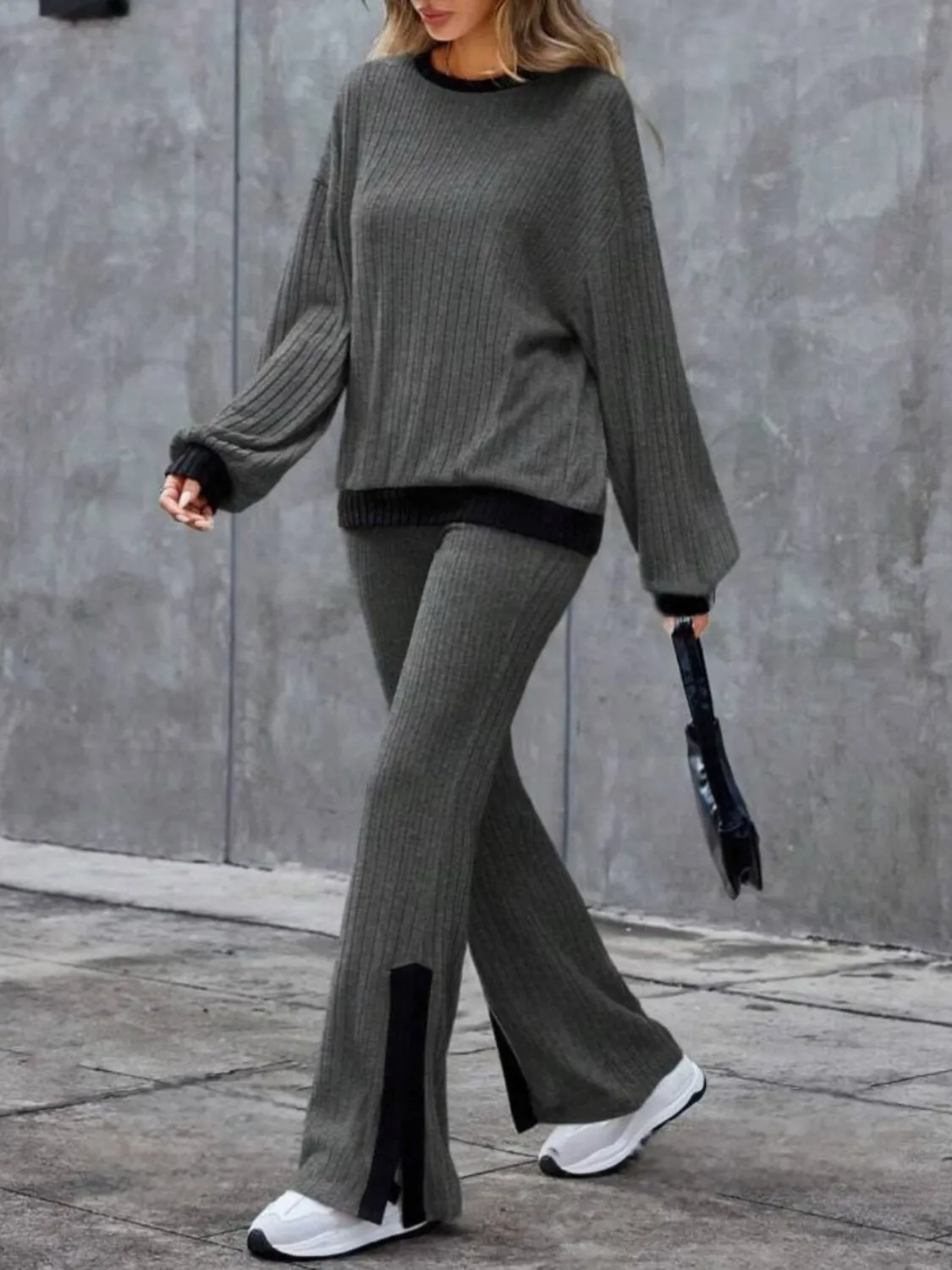Trust Issues Contrast Round Neck Long Sleeve Top and Bootcut Pants Set