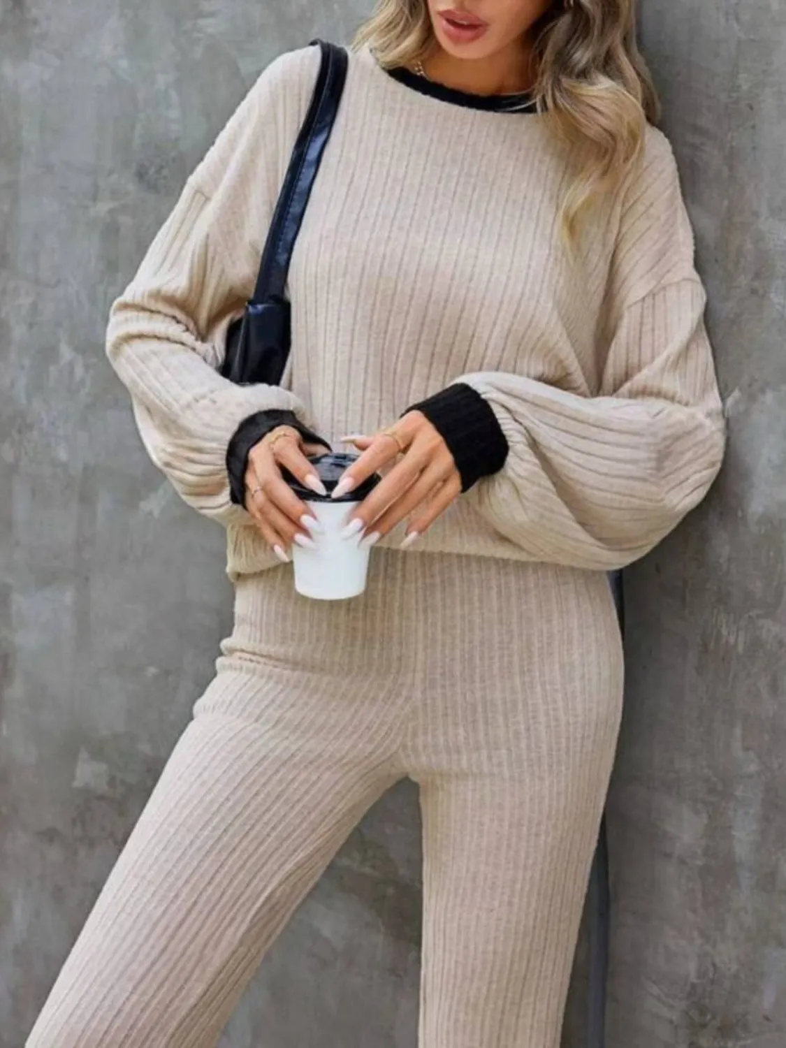 Trust Issues Contrast Round Neck Long Sleeve Top and Bootcut Pants Set